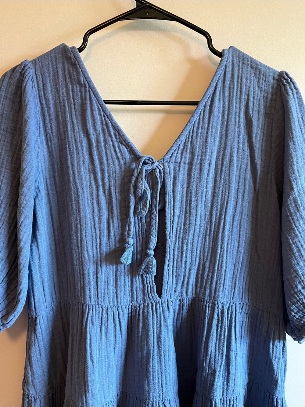Aerie Blue V-Neck Tiered Puff-Sleeve Women's Mini Dress - Picture 6 of 7